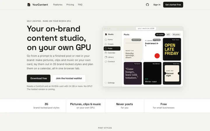 The YourContent home page: an on-brand content studio on your own GPU